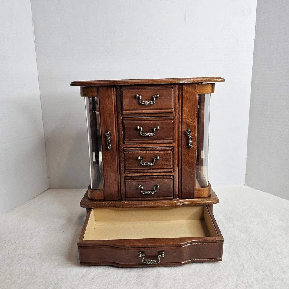 Vintage Wooden Jewelry Armoire Box Glass Side Doors 5 Drawers Brass Pulls Brown